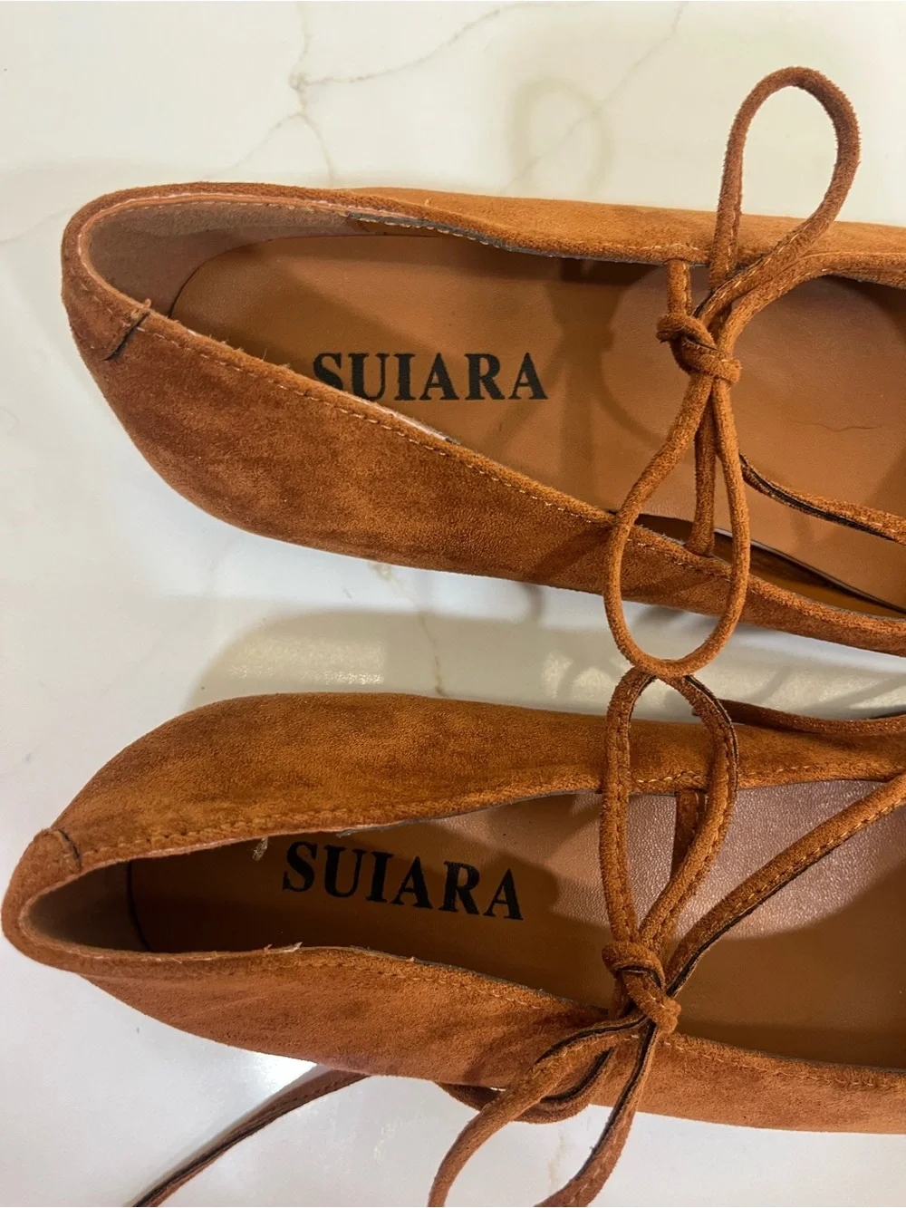 NWOT SUIARA Cognac Suede Square Toe Lace-Up Ballet Flats